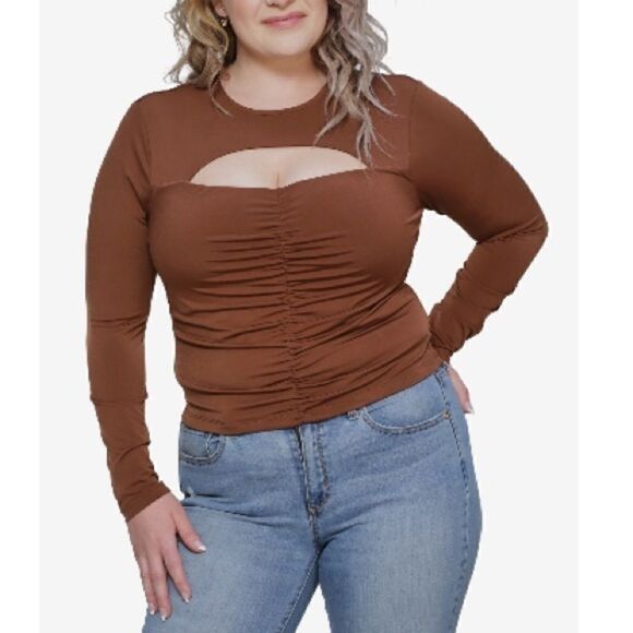 JUST POLLY Trendy Plus Size Ruched Cutout Top side brown 3x - Picture 2 of 4